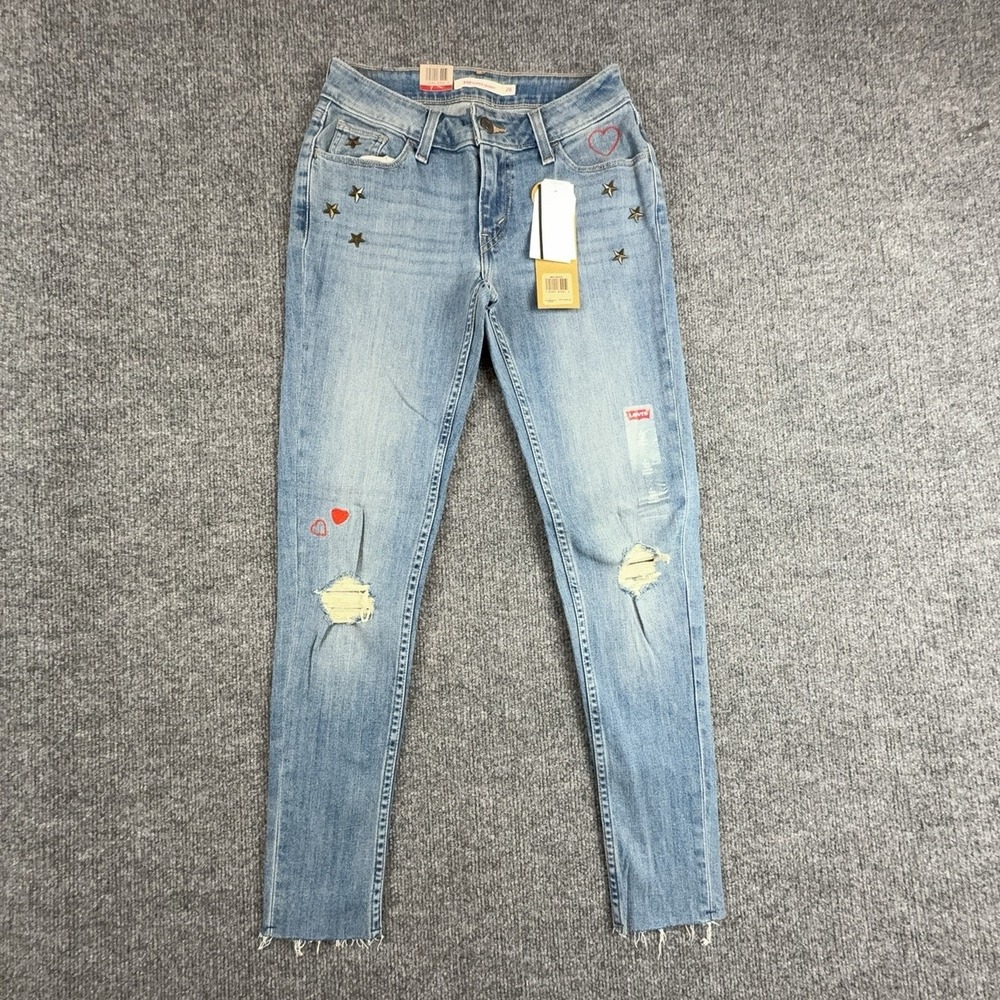 Levi's 535 Super Skinny Jeans Womens 2 W26 Light Blue Distressed Heart Star Stud